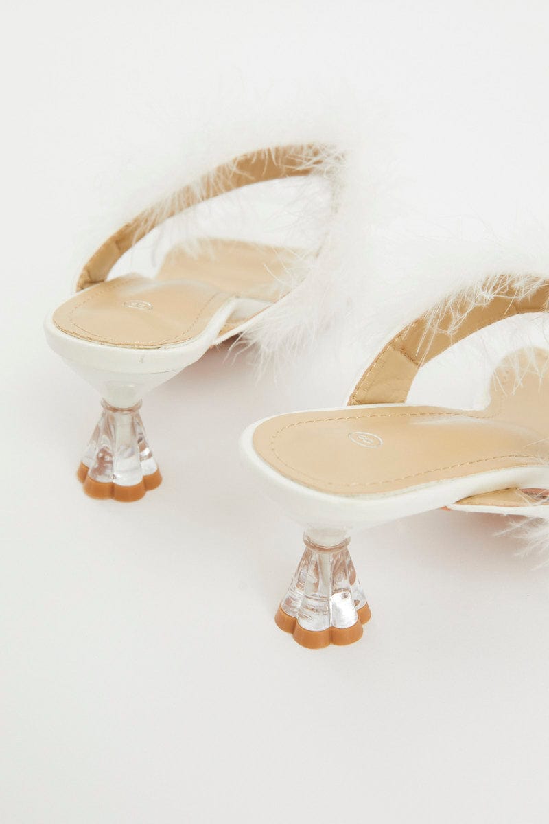 TRIAL ACCS White Faux Fur Strappy Heels for Women by Ally
