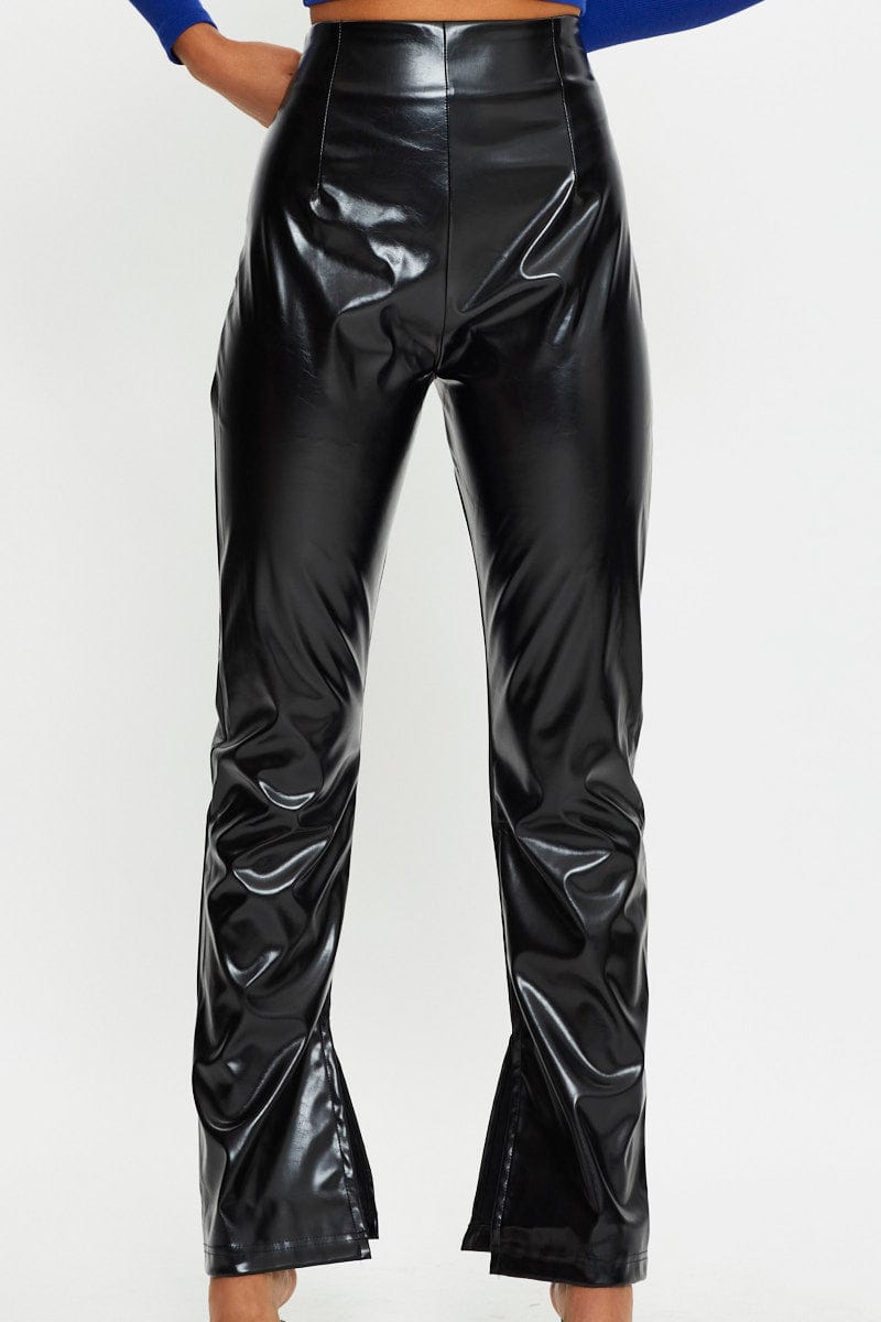 TRIAL BOTTOM Black Faux Leather Side Split Pants for Women by Ally