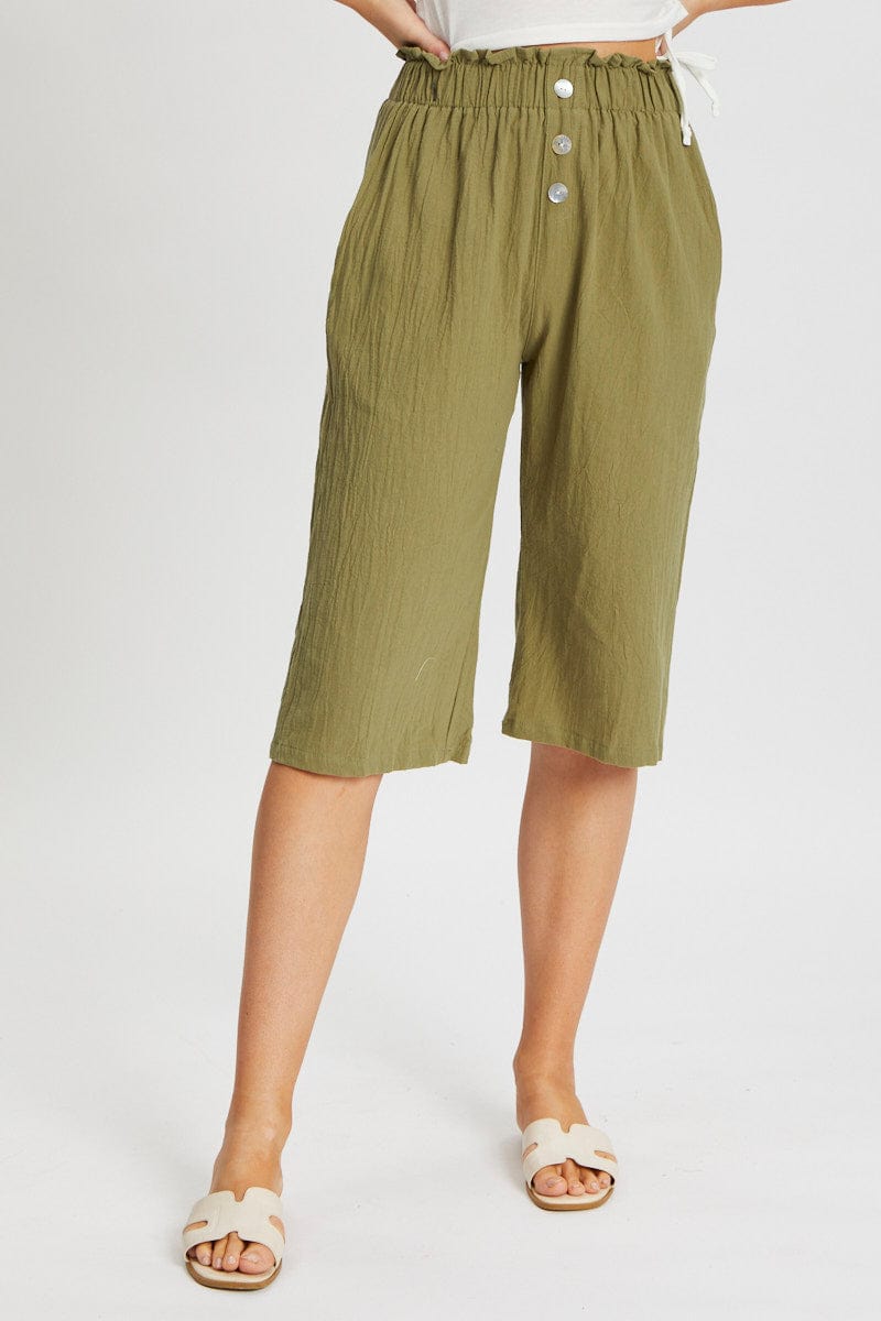 TRIAL BOTTOM Green Button Front Elastic Waist Culotte for Women by Ally