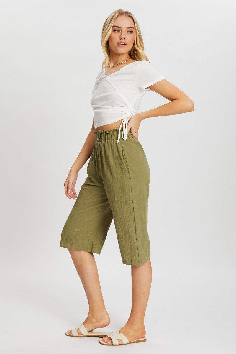 TRIAL BOTTOM Green Button Front Elastic Waist Culotte for Women by Ally