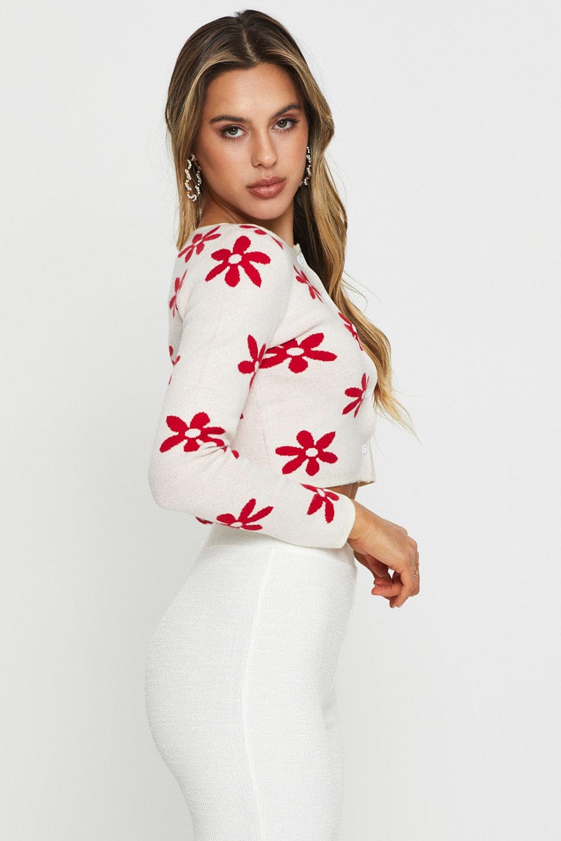 TRIAL CARDI White Knit Cardigan Long Sleeve Crop for Women by Ally