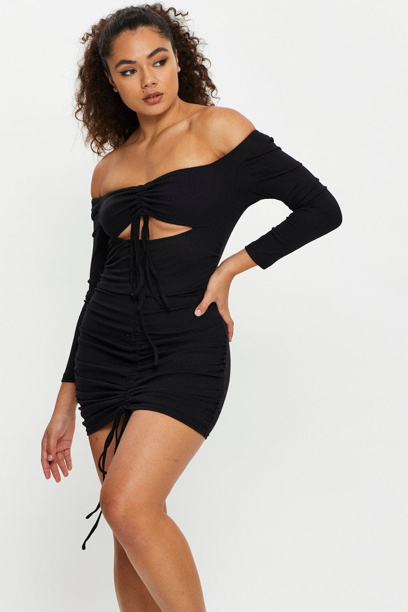 TRIAL F DRESS Black Drawstring Cut Out Dress for Women by Ally
