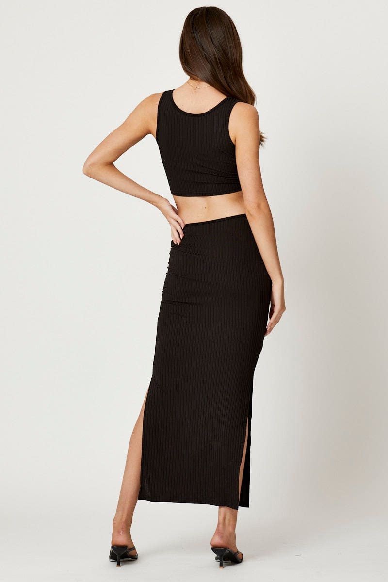 TRIAL F DRESS Black Ribbed Cut Out Maxi Dress for Women by Ally