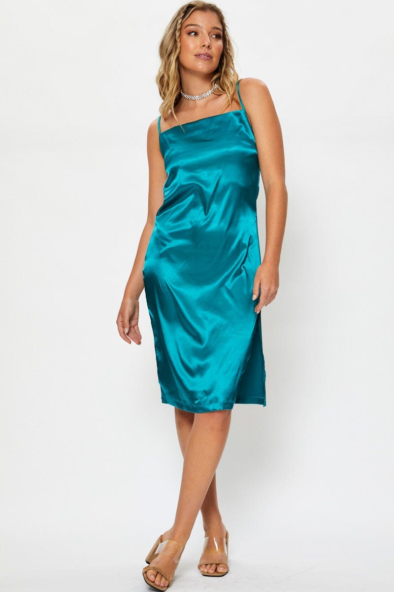 TRIAL F DRESS Green Satin Cowl Neck Dress for Women by Ally