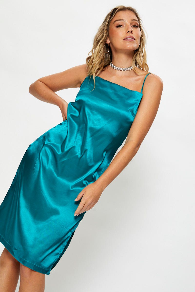 TRIAL F DRESS Green Satin Cowl Neck Dress for Women by Ally
