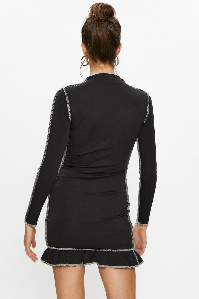 TRIAL FB DRESS Black Mini Dress Long Sleeve Bodycon Ruffle for Women by Ally