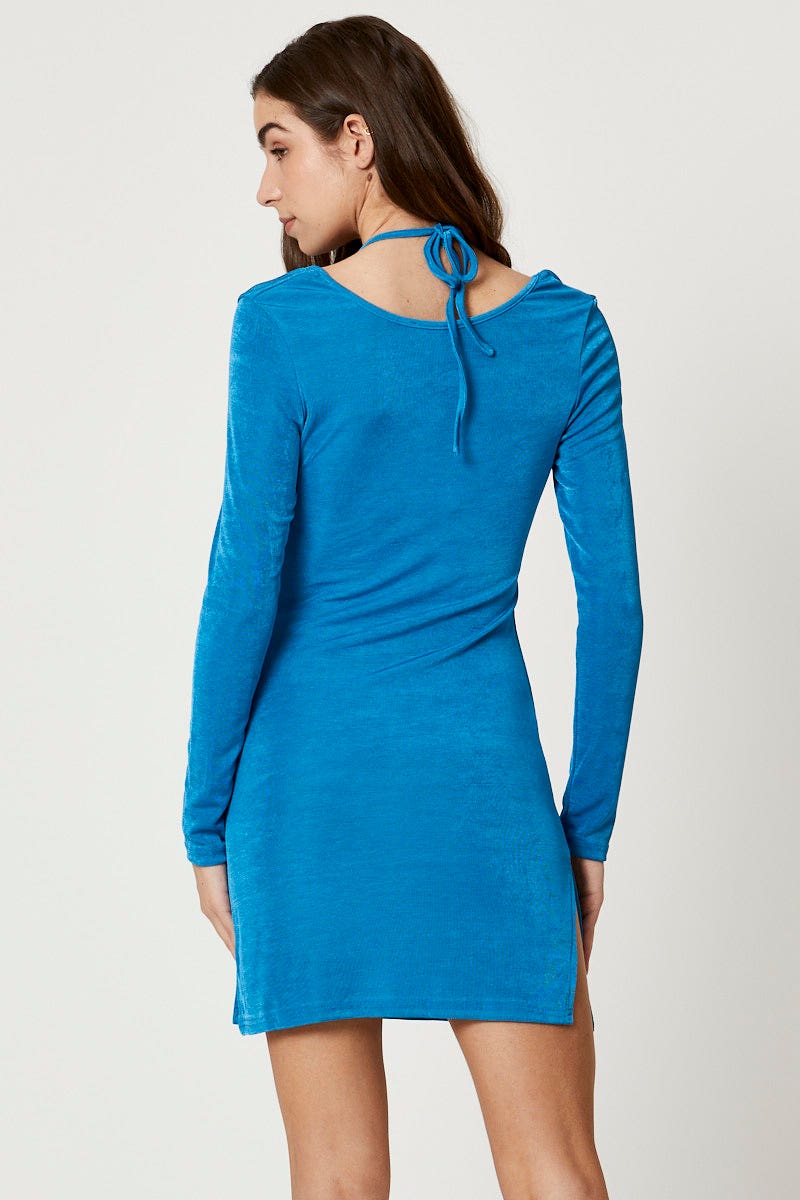 TRIAL FB DRESS Blue Slinky Jersey Long Sleeve Bodycon Dress for Women by Ally