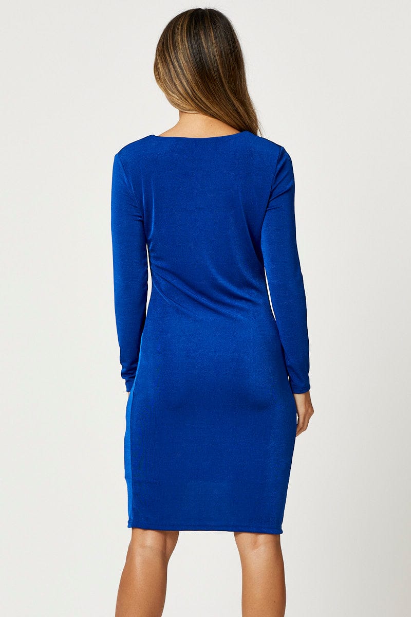 TRIAL FB DRESS Blue V Neck Bodycon Dress for Women by Ally