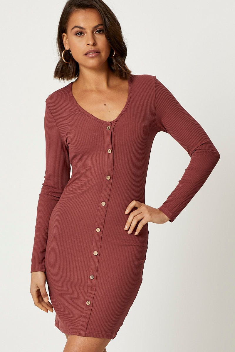 TRIAL FB DRESS Brown Button Front Bodycon Dress for Women by Ally