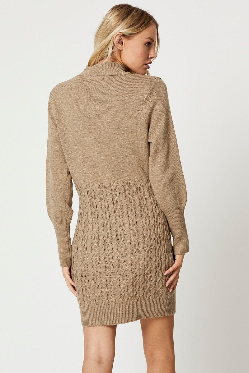 TRIAL FB DRESS Camel Knit Dress Long Sleeve Mini for Women by Ally