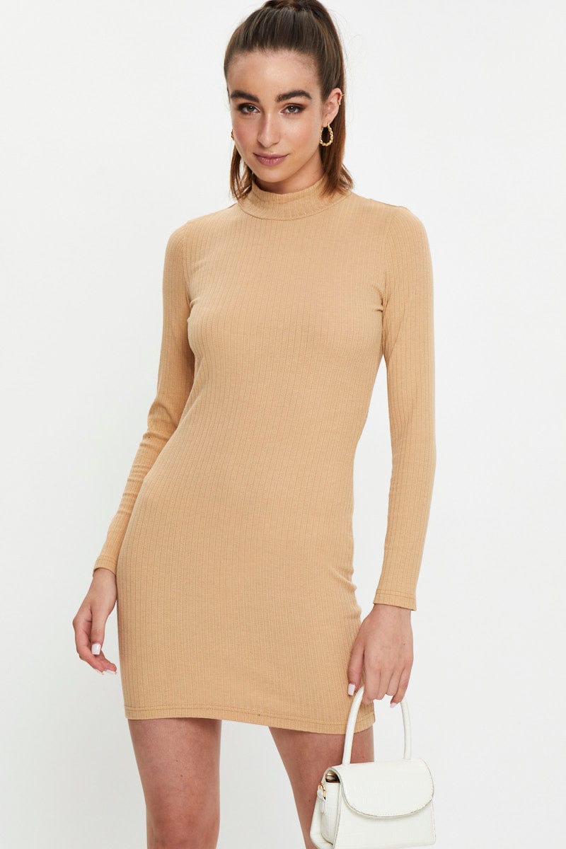 TRIAL FB DRESS Camel Ribbed Bodycon Dress for Women by Ally