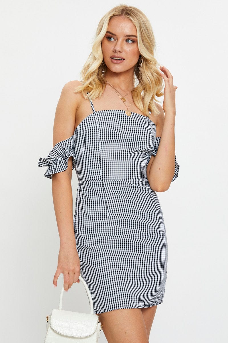 TRIAL FB DRESS Check Gingham Off Shoulder Mini Dress for Women by Ally