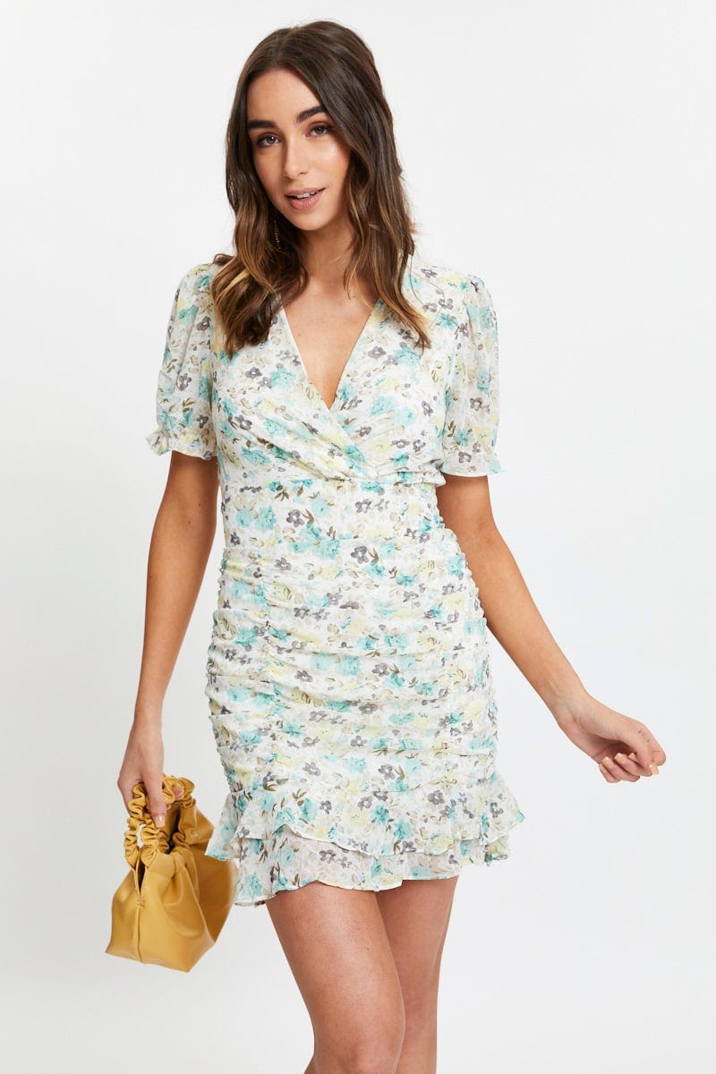TRIAL FB DRESS Floral Print Puff Sleeve Ruched Dress for Women by Ally