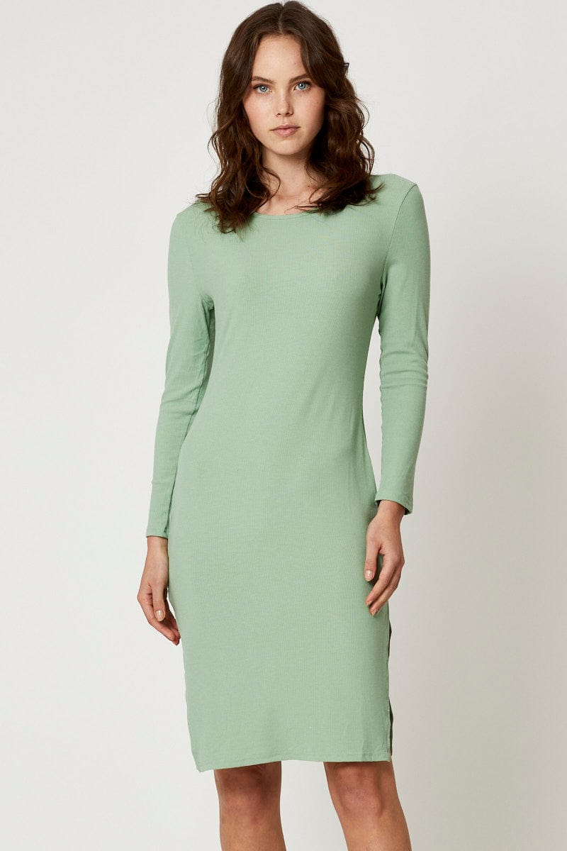 TRIAL FB DRESS Green Bodycon Midi Dress for Women by Ally