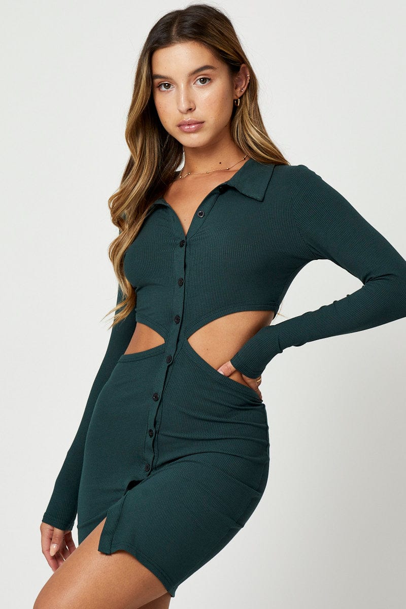 TRIAL FB DRESS Green Button Front Cut Out Dress for Women by Ally