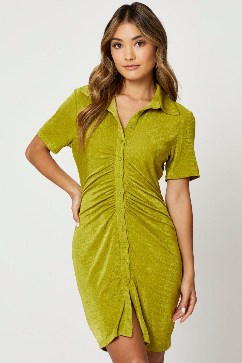 Women’s Green Button Front Ruched Shirt Dress | Ally Fashion
