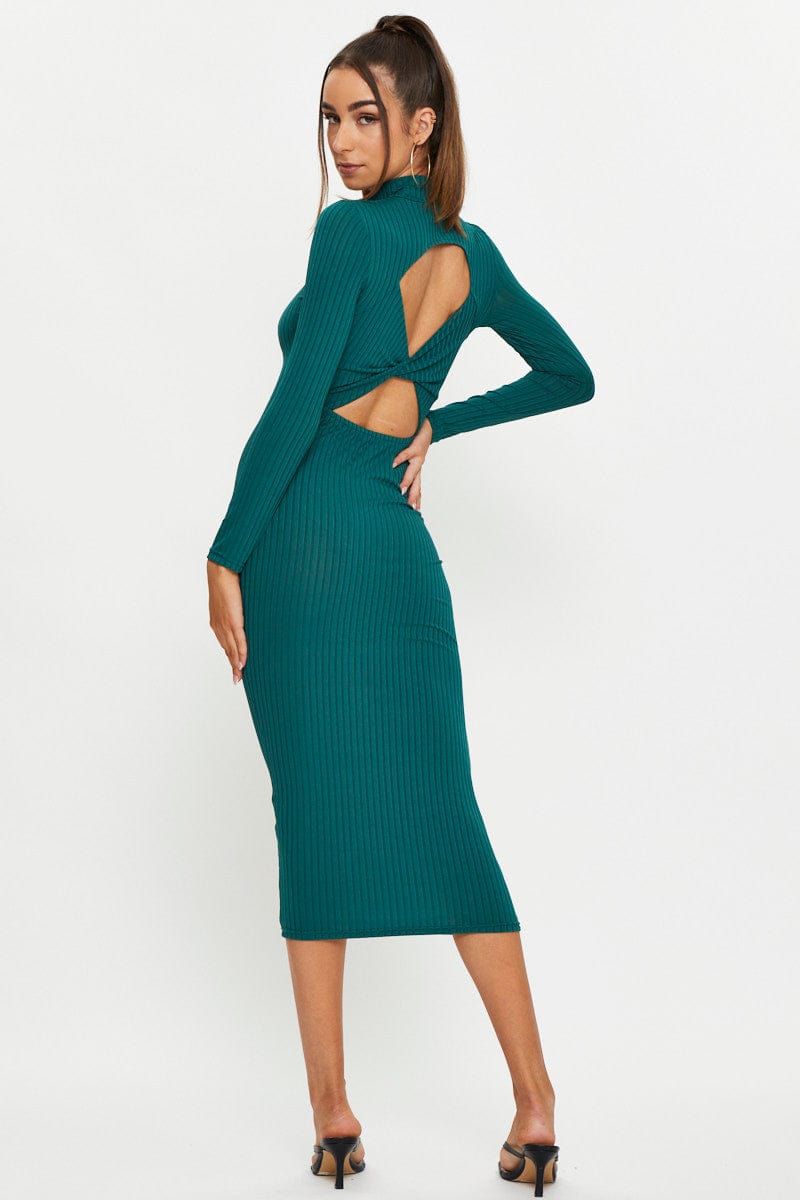 TRIAL FB DRESS Green Twist Back Bodycon Dress for Women by Ally