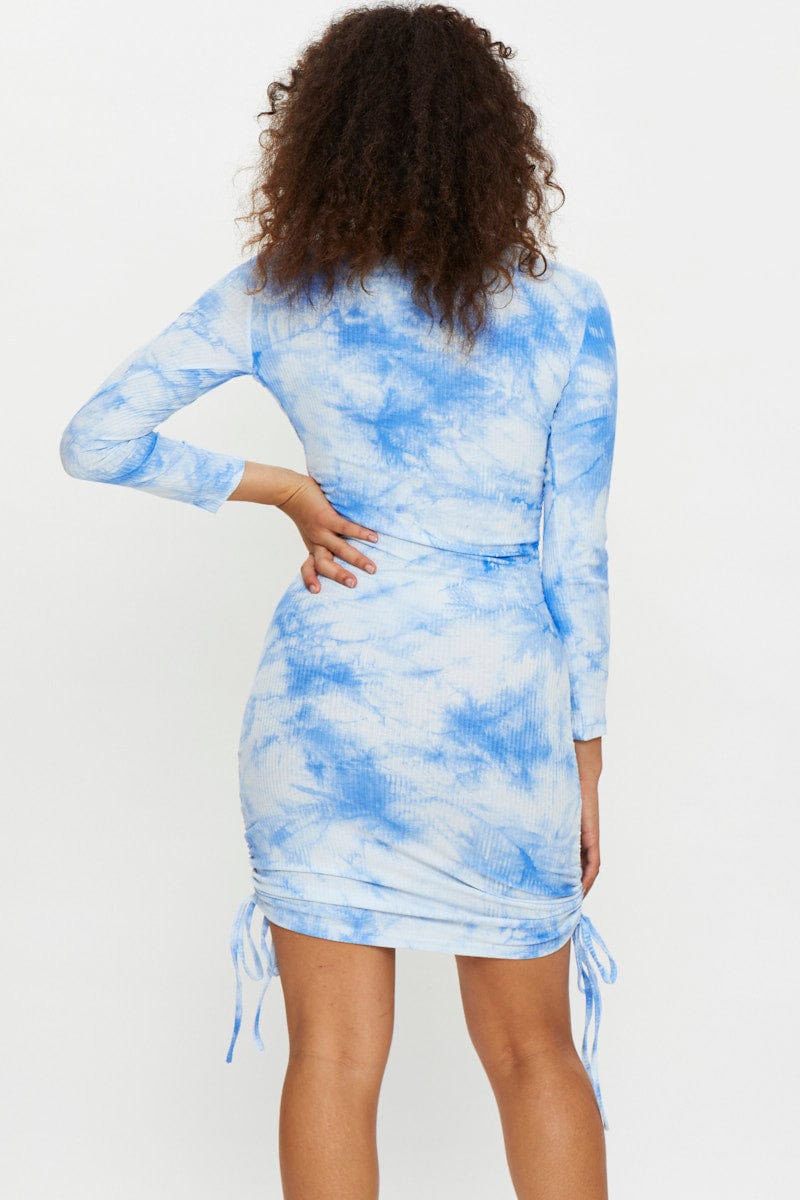 Women's Print Tie Dye Ruched Drawstring Dress | Ally Fashion Women's Print Tie Dye Ruched Drawstring Dress | Ally Fashion