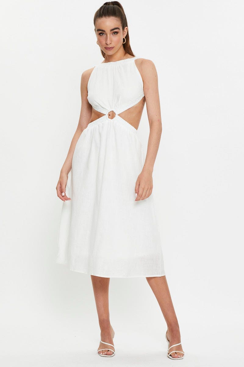 TRIAL FB DRESS White Ring Detail Backless Linen Midi Dress for Women by Ally