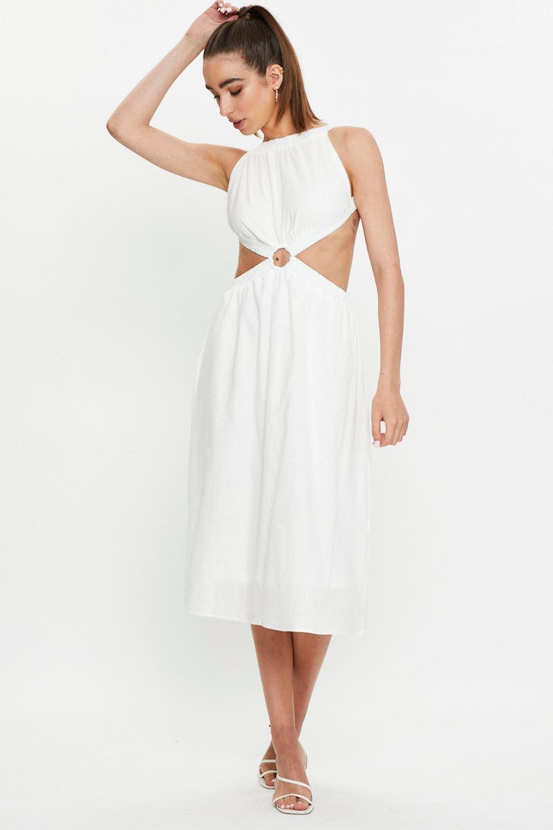 TRIAL FB DRESS White Ring Detail Backless Linen Midi Dress for Women by Ally