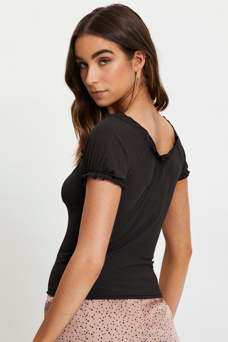 TRIAL JERSEY Black Tie Front Puff Sleeve Top for Women by Ally