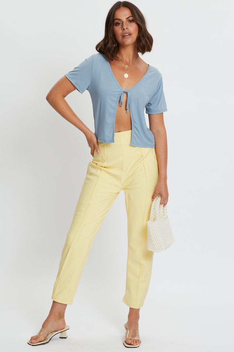 TRIAL JERSEY Blue Tie Front Ribbed Top for Women by Ally