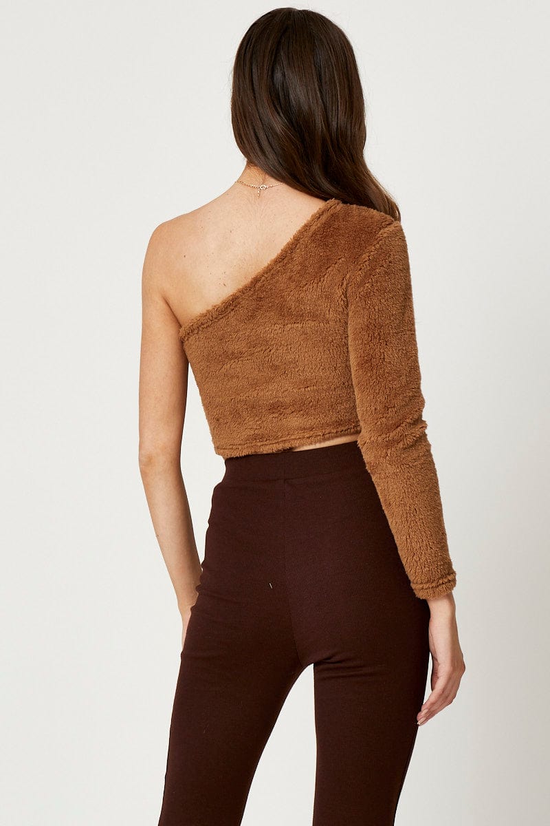 TRIAL JERSEY Brown One Shoulder Fluffy Knit Top for Women by Ally