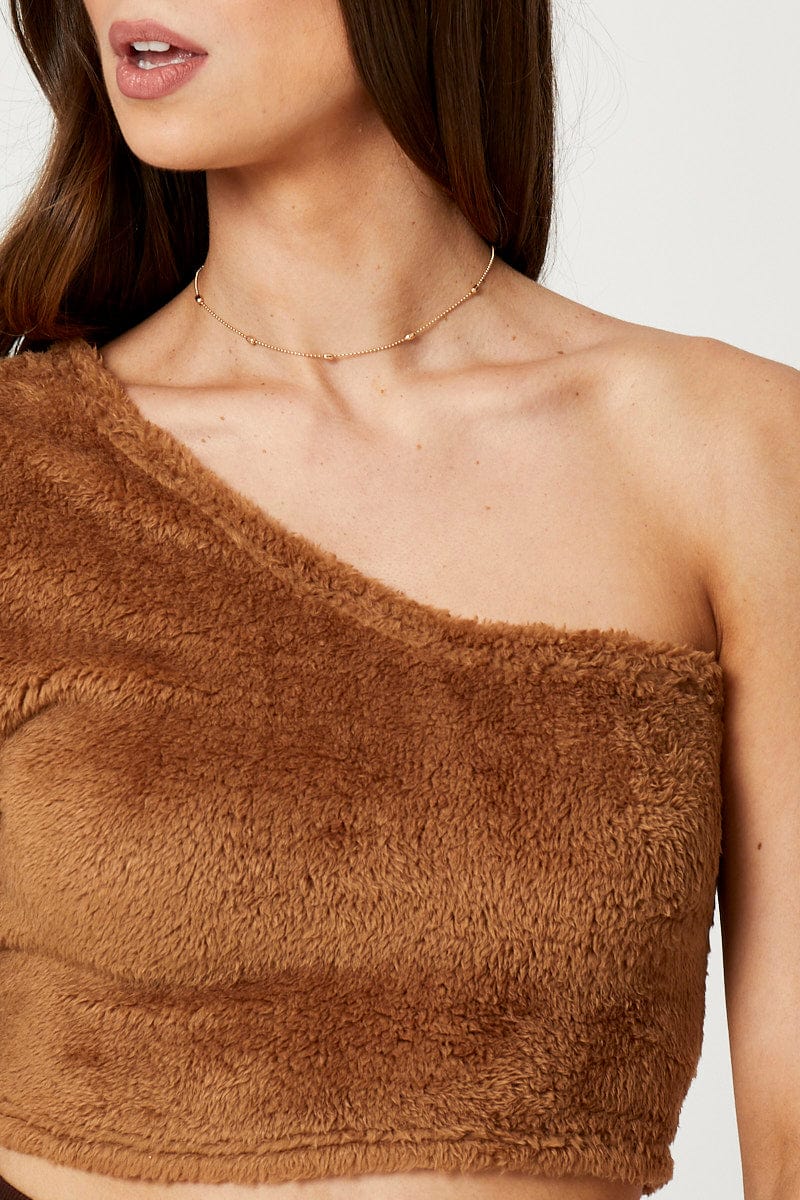 TRIAL JERSEY Brown One Shoulder Fluffy Knit Top for Women by Ally