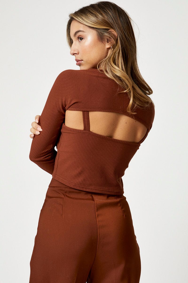 TRIAL JERSEY Brown Rib Singlet Shrug Set for Women by Ally