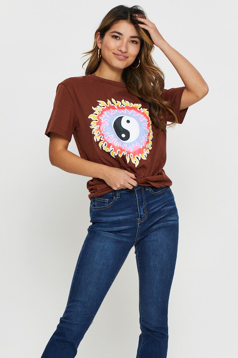 TRIAL JERSEY Brown Yin Yang T-Shirt for Women by Ally