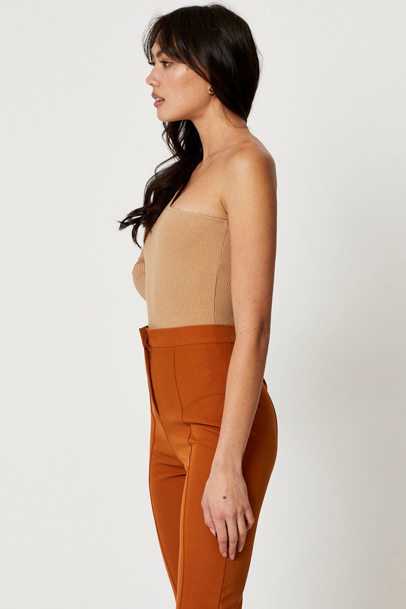 TRIAL JERSEY Camel One Shoulder Ribbed Top for Women by Ally