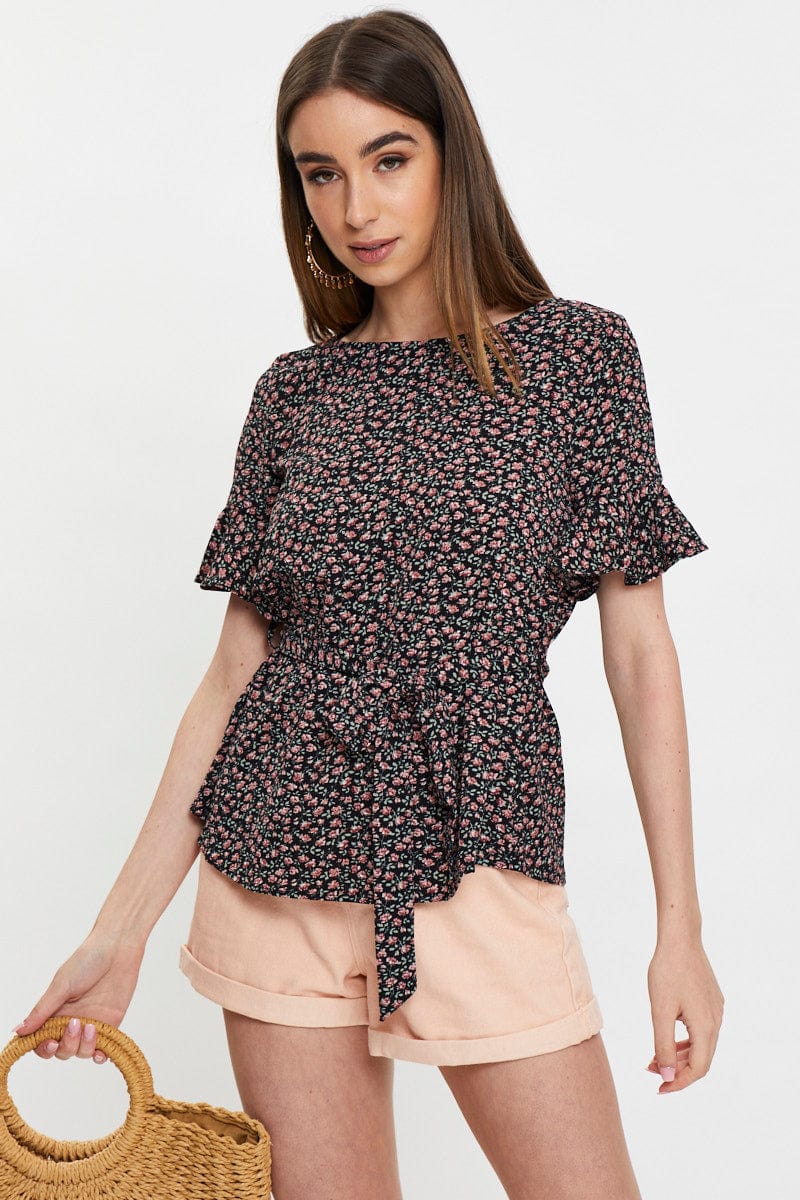 TRIAL JERSEY Floral Print Frill Sleeve Blouse for Women by Ally
