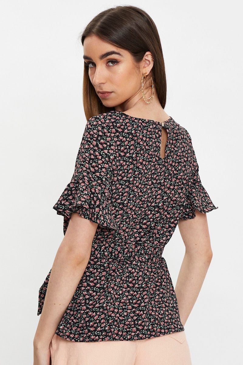 TRIAL JERSEY Floral Print Frill Sleeve Blouse for Women by Ally