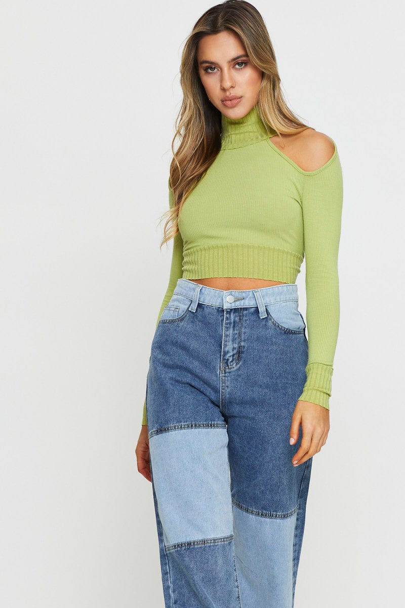 TRIAL JERSEY Green Crop Top Long Sleeve for Women by Ally