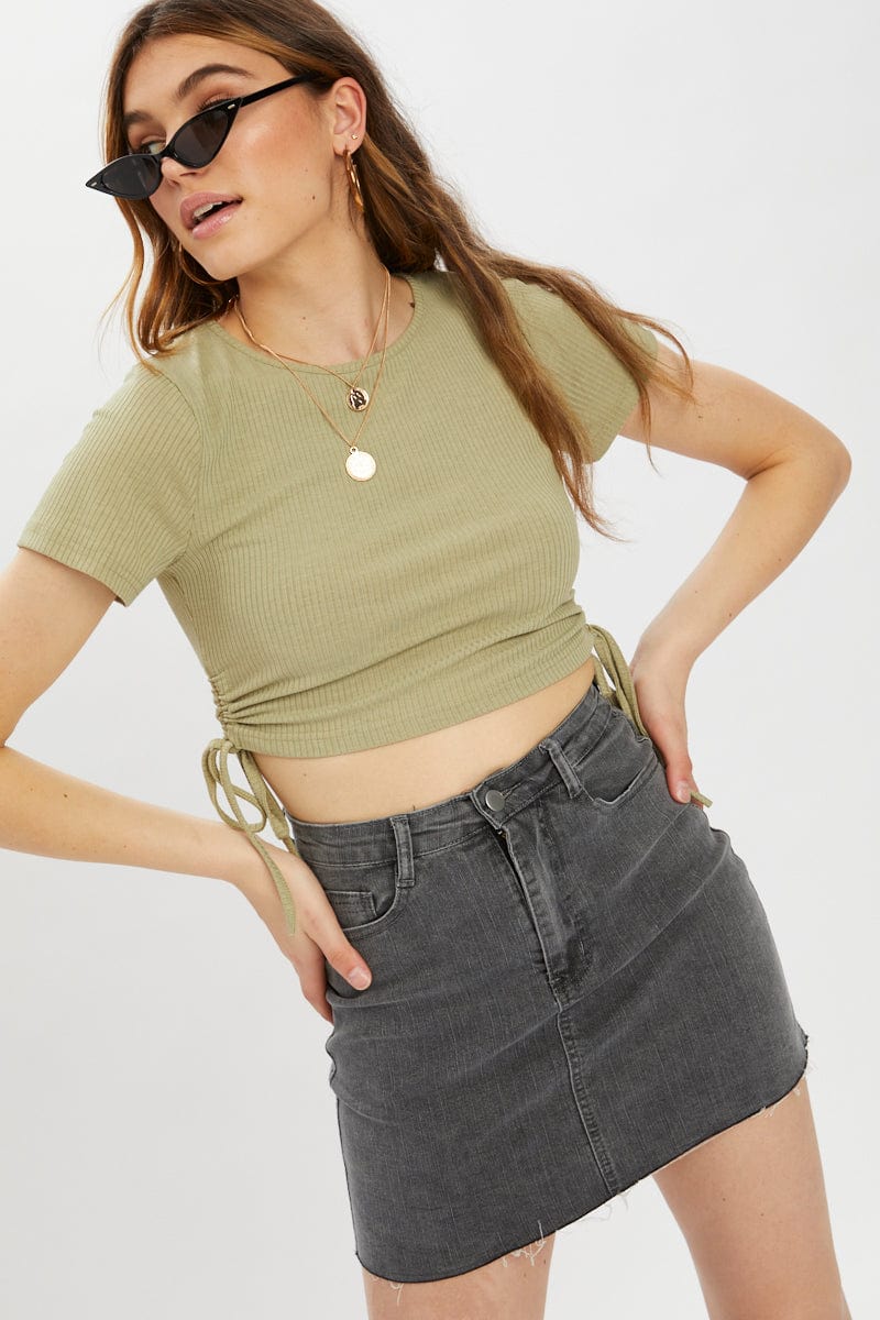 TRIAL JERSEY Green Drawstring Ruched Top for Women by Ally