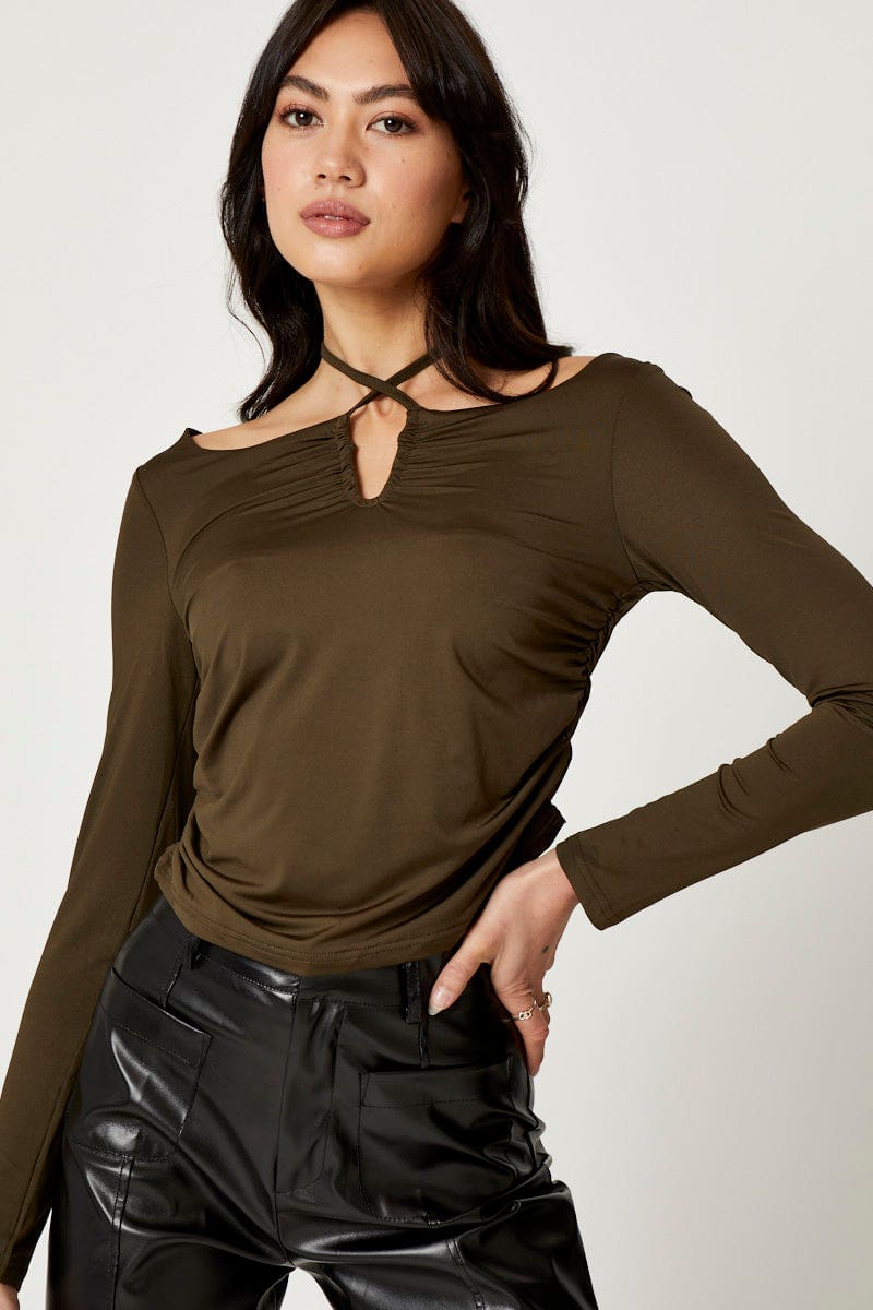 TRIAL JERSEY Green Halter Off Shoulder Top for Women by Ally
