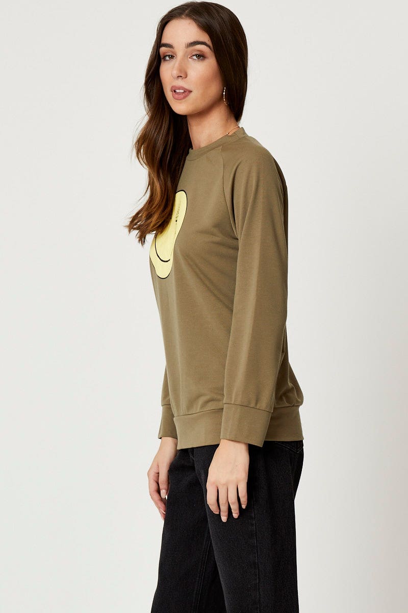 TRIAL JERSEY Green Smiley Face Sweater for Women by Ally