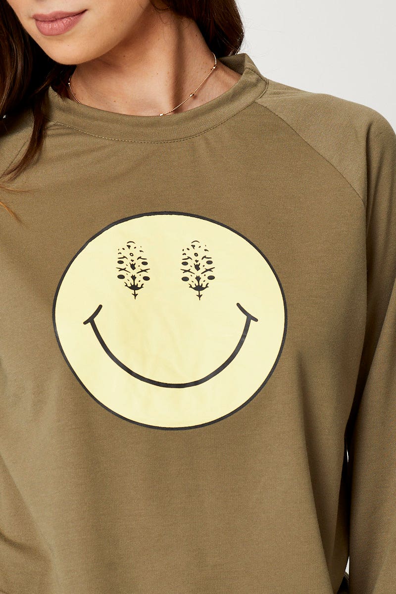 TRIAL JERSEY Green Smiley Face Sweater for Women by Ally