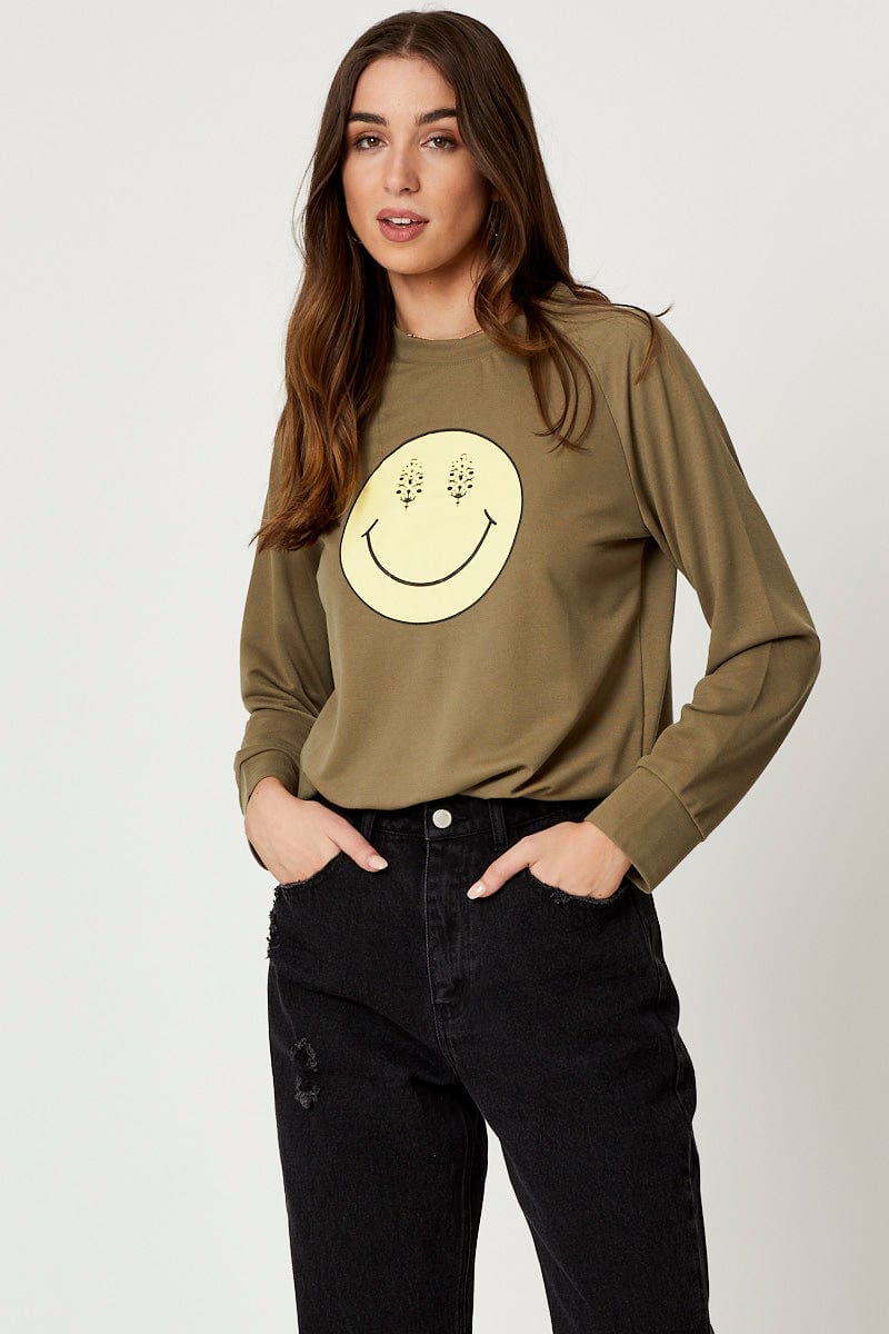 TRIAL JERSEY Green Smiley Face Sweater for Women by Ally