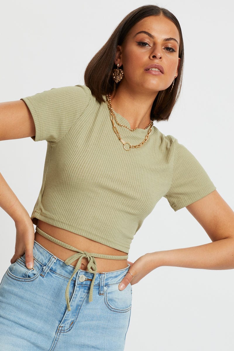 TRIAL JERSEY Green Tie Waist Top for Women by Ally