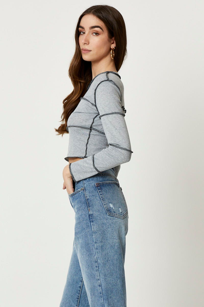 TRIAL JERSEY Grey Overlock Patchwork Top for Women by Ally