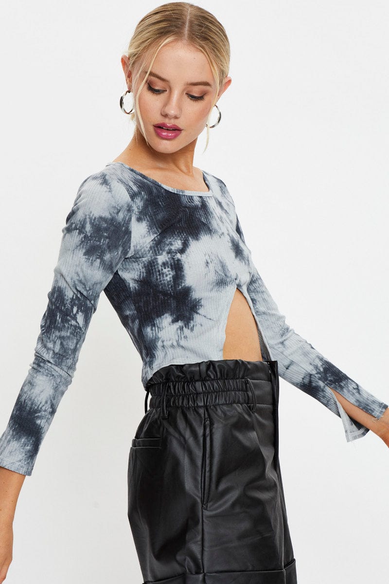 TRIAL JERSEY Multi Tie Dye Front Split Top for Women by Ally