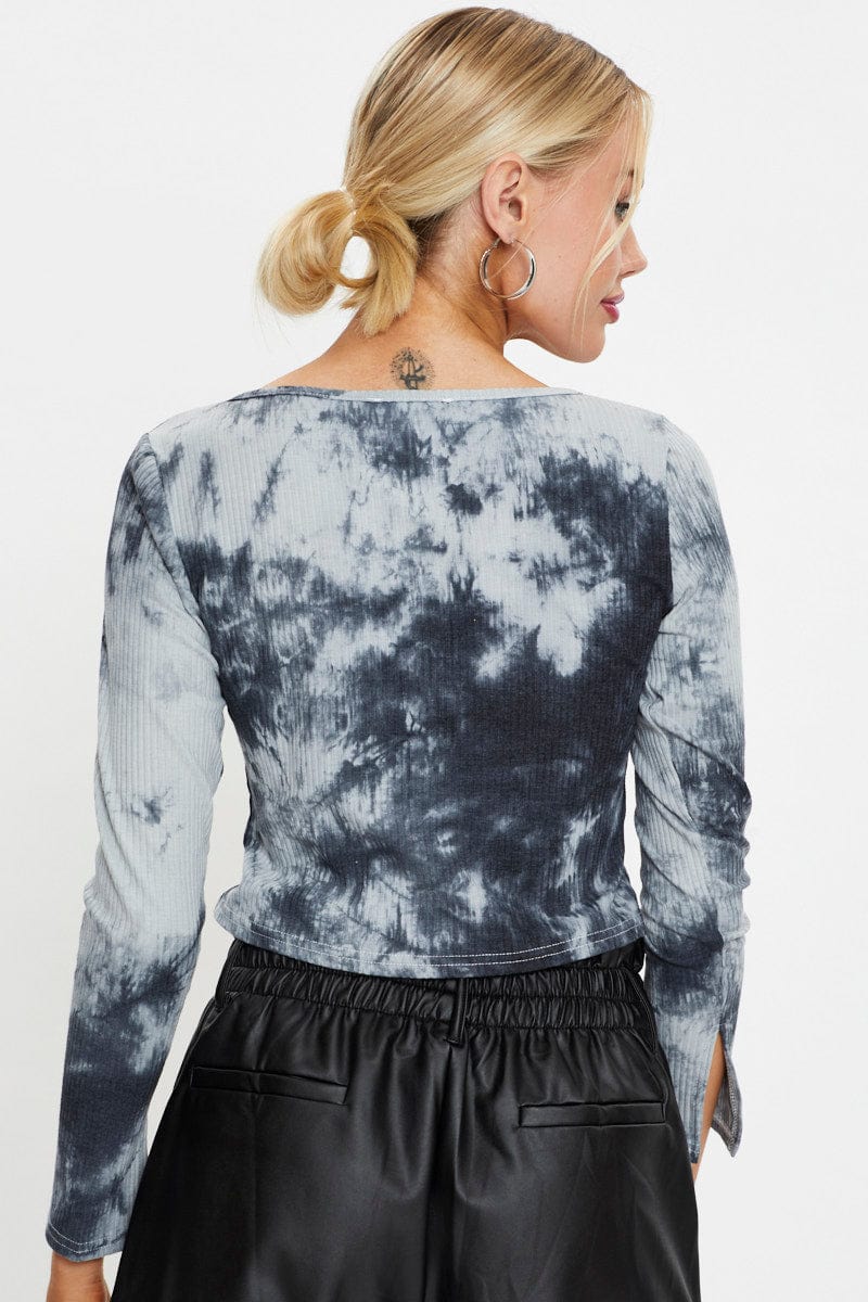 TRIAL JERSEY Multi Tie Dye Front Split Top for Women by Ally