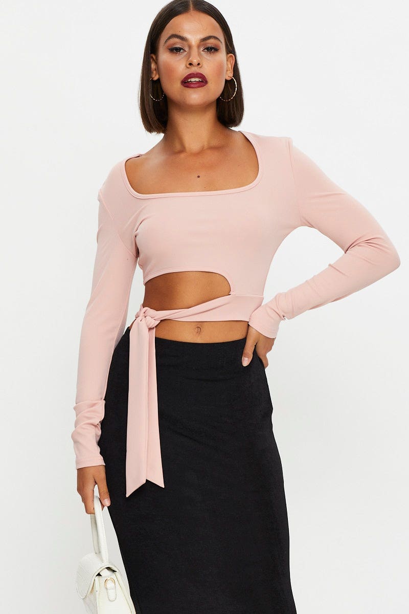 TRIAL JERSEY Pink Scoop Neck Tie Top for Women by Ally