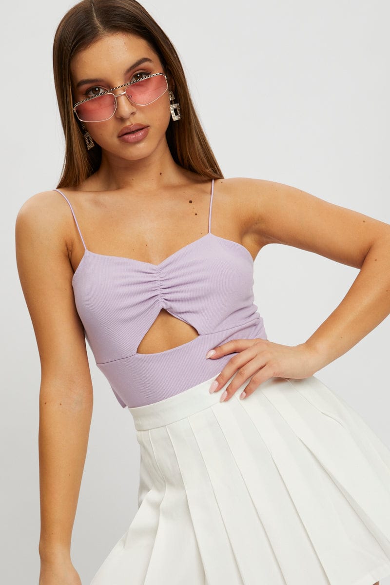 TRIAL JERSEY Purple Bungee Strap Cut Out Rib Crop Top for Women by Ally