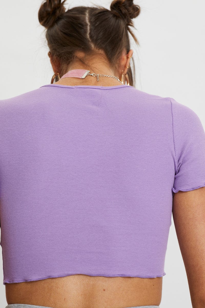 TRIAL JERSEY Purple Button Front Ribbed Top for Women by Ally