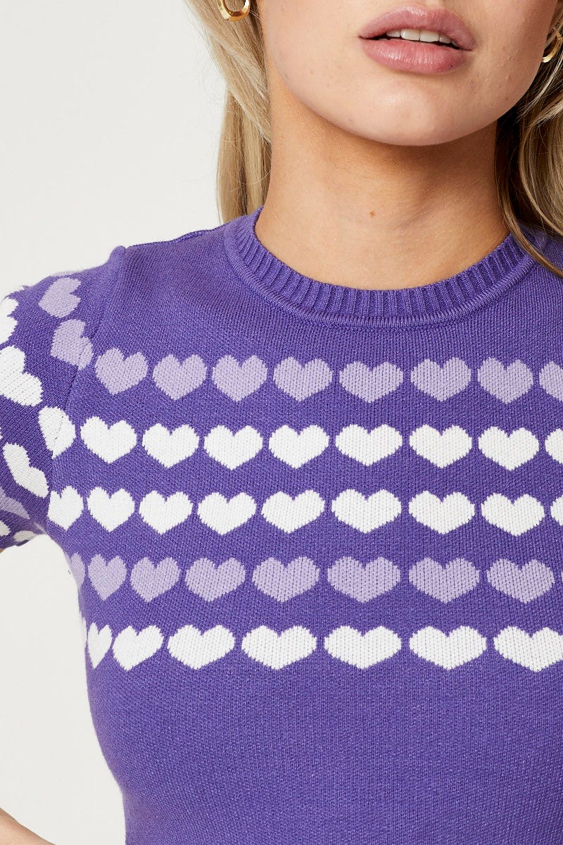TRIAL JERSEY Purple Knit Top Short Sleeve Crop for Women by Ally