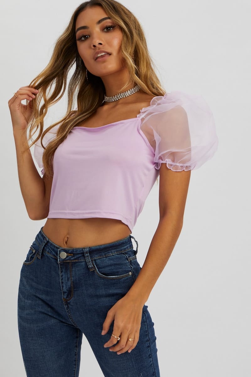 TRIAL JERSEY Purple Organza Puff Sleeve Top for Women by Ally