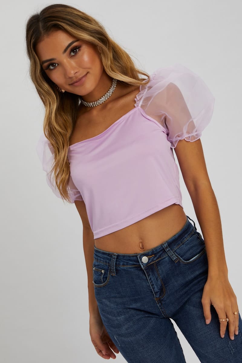 TRIAL JERSEY Purple Organza Puff Sleeve Top for Women by Ally