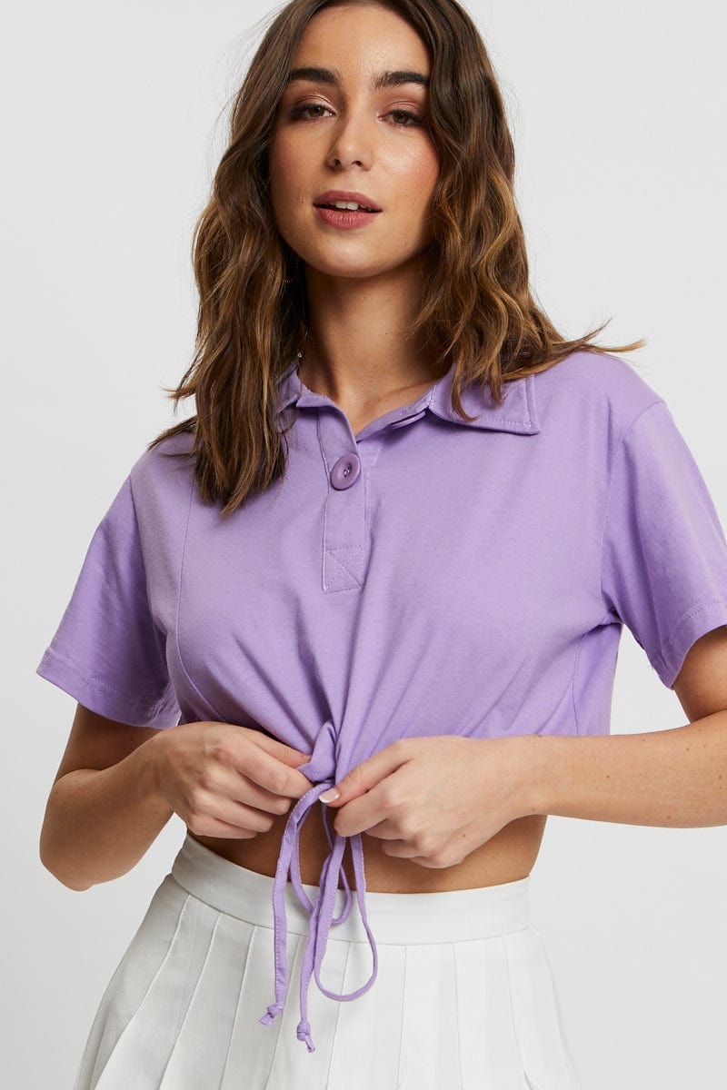 TRIAL JERSEY Purple Polo Collar Drawstring Crop Top for Women by Ally